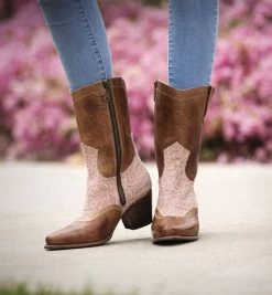 Basanti Tall Boots Tan Rustic Leather With Blush Lace