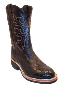Black Full Quill Ostrich Cowboy Boots Fancy Stitch Round Toe Ropers