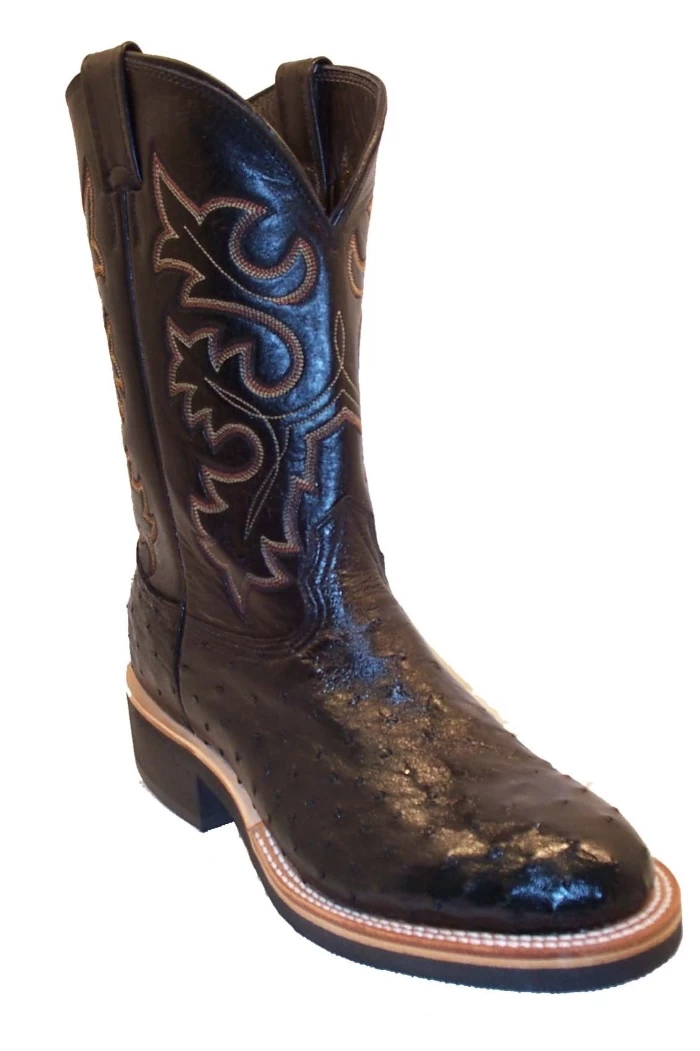 Black Full Quill Ostrich Cowboy Boots Fancy Stitch Round Toe Ropers 1 Black Full Quill Ostrich Cowboy Boots Fancy Stitch Round Toe Ropers