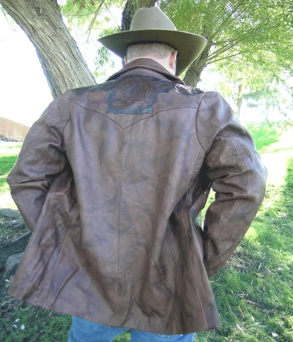 Hand Tooled Western Cowboy Leather Coat 4 Hand Tooled Western Cowboy Leather Coat - Image 4