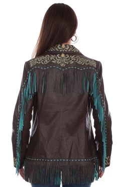 Ladies Embroidered Brown Leather Fringe Jacket (Size Medium)