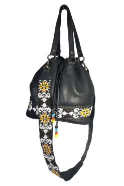 Peoria Sand Beaded Draw String Black Leather Cluitch Bag