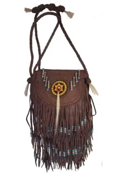 Bone Piping Glass Beaded Rossette Fringe Leather Shoulder Bag