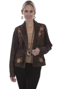 Classic Leather Blazer With Floral Embroidery