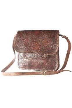 Sitka Brown Hand Tooled Laced Leather Cross Body Shoulder Bag