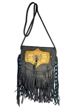 Native Sun Brass Beaded Fringe Leather Shoulder Bag