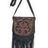 Inlaid Hand Tooled Fringed Leather Cross Body Shoulder Bag