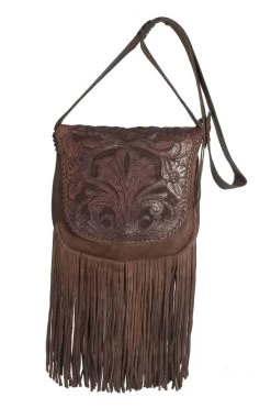 Inlaid Hand Tooled Fringed Leather Cross Body Shoulder Bag -WildWestFashionFinds Tooled Leather Bag Black20650x975 03