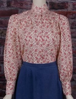 Ladies Old West Garden City Frontier Cotton Blouse (Burgundy Print / Small)