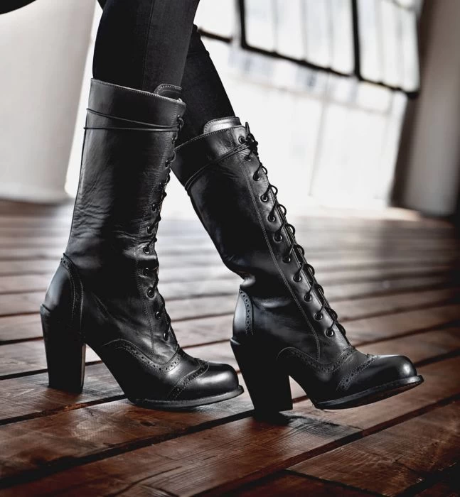 Ariana Black Leather Lace Up Fashion Western Boot