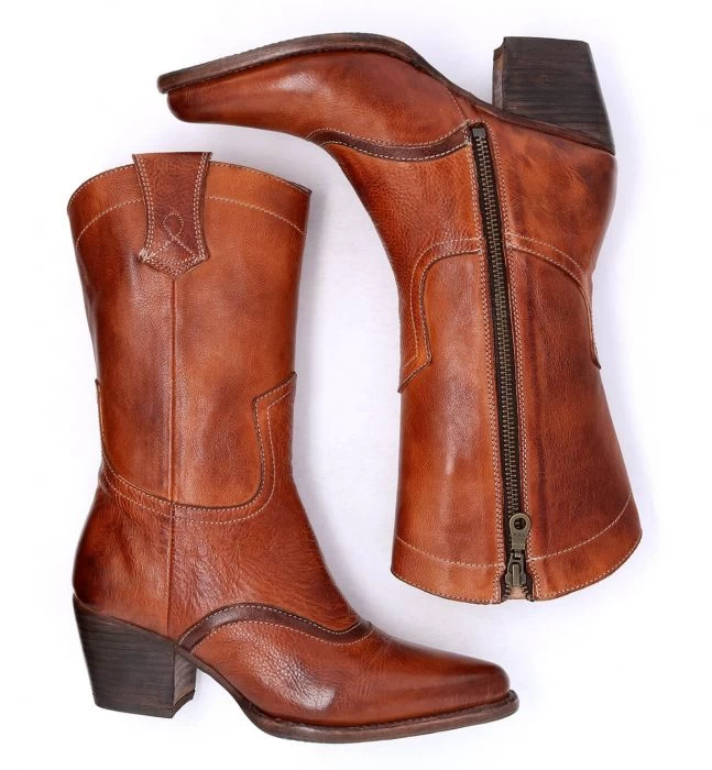 Basanti Cowgirl Zipper Boots Cognac & Teak Rustic Leather 5 Basanti Cowgirl Zipper Boots Cognac & Teak Rustic Leather - Image 5
