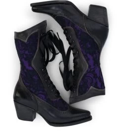 Biddy Victorian Leather Boots Black Rustic With Lilac Lace -WildWestFashionFinds oak20tree20farms20Biddy20tall20boots20black20purple20lace 04